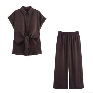 Women Two Piece Set Casual Short Sleeve Tie Front Shirt And Wide Leg Pants Streetwear Solid Color Polyester Outfits With Waist Tie For Autumn Spring