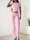 Women's Casual Two Piece Set Short Sleeve Round Neck Crop Top And High Waist Flare Pants Set Solid Color Polyester Elastane Knit Sporty Yoga Outfits For Women