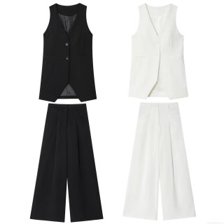 Women's Two Piece Suit Set V Neck Single Breasted Sleeveless Blazer Vest And High Waist Wide Leg Pants Business Work Outfits