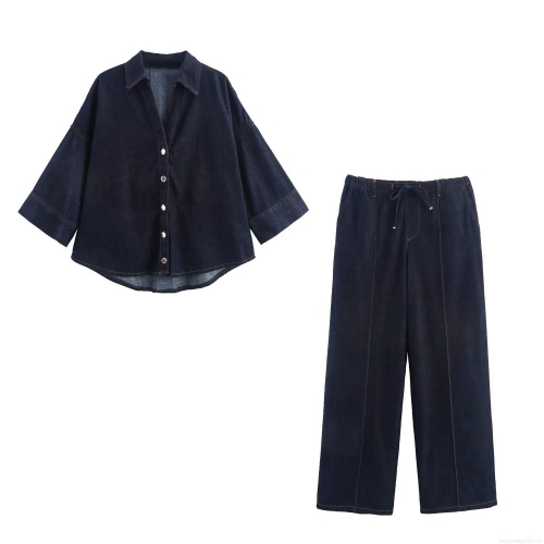 Women's 2 Piece Denim Set Long Sleeve Button Down Lapel Shirt And High Waist Elastic Wide Leg Pants Outfits Retro Distressed Indigo Jean Suits
