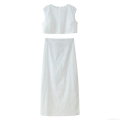 Women's White Eyelet Embroidery Two Piece Skirt Set Sleeveless Cropped Round Neck Top And High Waist Midi Skirt Summer Street Style Outfit
