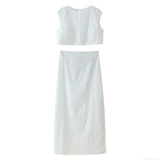 Women's White Eyelet Embroidery Two Piece Skirt Set Sleeveless Cropped Round Neck Top And High Waist Midi Skirt Summer Street Style Outfit