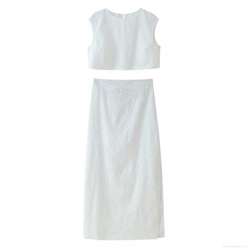 Women's White Eyelet Embroidery Two Piece Skirt Set Sleeveless Cropped Round Neck Top And High Waist Midi Skirt Summer Street Style Outfit
