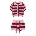 Women Striped Knit Polo Short Sleeve Top And Drawstring Shorts 2 Piece Set Casual Hollow Out Crochet Summer Streetwear Co-ord Outfits