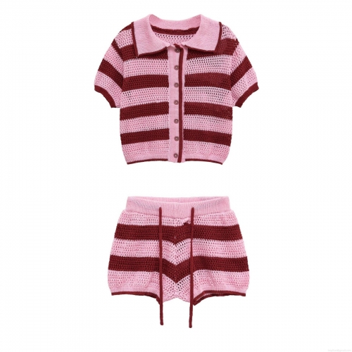 Women Striped Knit Polo Short Sleeve Top And Drawstring Shorts 2 Piece Set Casual Hollow Out Crochet Summer Streetwear Co-ord Outfits