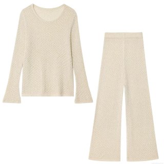 Women's Casual Metallic Thread Knit Two-Piece Set Mesh Hollow Out Long Sleeve Top And Wide Leg Pants Outfits Streetwear Oatmeal Beige Sets