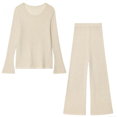 Women's Casual Metallic Thread Knit Two-Piece Set Mesh Hollow Out Long Sleeve Top And Wide Leg Pants Outfits Streetwear Oatmeal Beige Sets