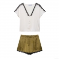 Women's Satin Shorts Set Lace Trim V-Neck Short Sleeve Ivory Shirt And Olive Green Satin Shorts Two Piece Casual Outfits Lounge Wear For Women