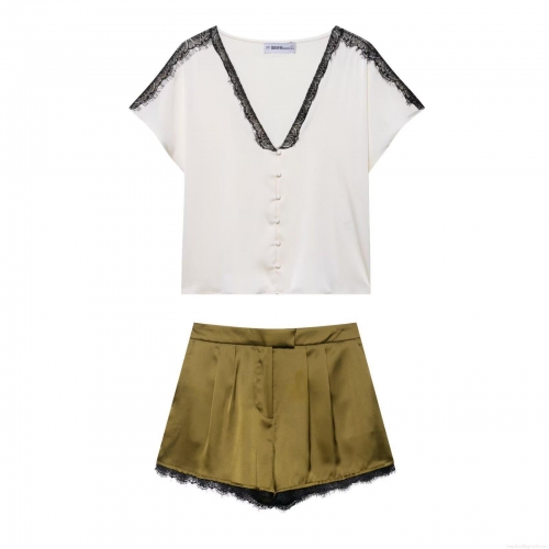 Women's Satin Shorts Set Lace Trim V-Neck Short Sleeve Ivory Shirt And Olive Green Satin Shorts Two Piece Casual Outfits Lounge Wear For Women