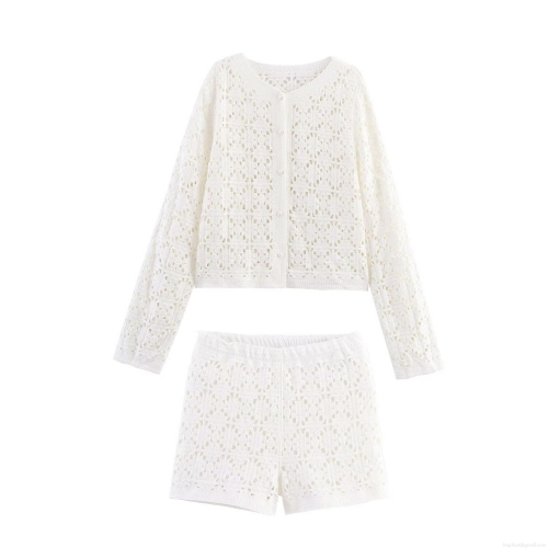 Women's Hollow Out Crochet Knitted Cardigan And Shorts Two-Piece Set 100% Polyester Boho Vacation Outfits Long Sleeve Top Short Pants Suits