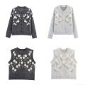 Women's Autumn Knit Cardigan And Vest Two-Piece Set 3D Flower Applique V-Neck Long Sleeve Sweater Sleeveless Knit Waistcoat Streetwear For Ladies