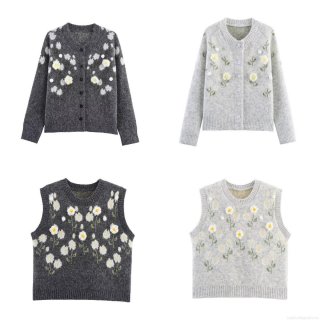 Women's Autumn Knit Cardigan And Vest Two-Piece Set 3D Flower Applique V-Neck Long Sleeve Sweater Sleeveless Knit Waistcoat Streetwear For Ladies