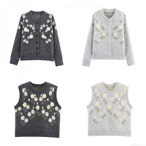 Women's Autumn Knit Cardigan And Vest Two-Piece Set 3D Flower Applique V-Neck Long Sleeve Sweater Sleeveless Knit Waistcoat Streetwear For Ladies