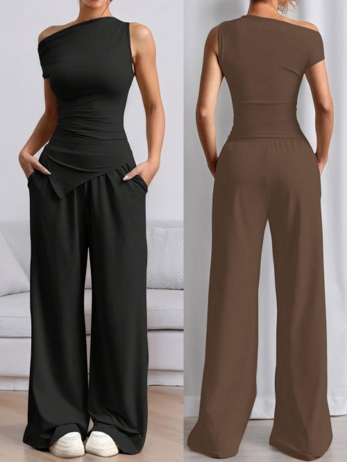 Women's Sexy One Shoulder Sleeveless Top And High Waist Wide Leg Pants Two Piece Set Solid Color Summer Casual Outfit Fashion Lounge Set For Women