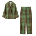 Women Retro Green Plaid Blazer and Pants Set Double Breasted Polyester Casual Suit Office Streetwear Fashion Two Piece Outfits