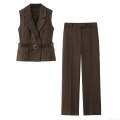 Women's 2-Piece Business Casual Vest And Pants Set Belted Double Breasted Waistcoat Solid Dark Brown Straight Leg Trousers Office Commute Outfit