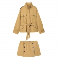 Women Fall Streetwear Polyester Short Trench Coat And Skort Set With Waist Belt Utility Multi-Pocket Khaki Two Piece Outfit