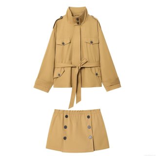 Women Fall Streetwear Polyester Short Trench Coat And Skort Set With Waist Belt Utility Multi-Pocket Khaki Two Piece Outfit