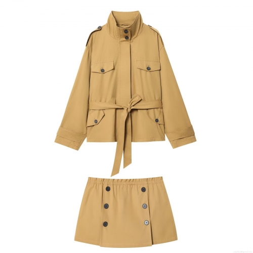 Women Fall Streetwear Polyester Short Trench Coat And Skort Set With Waist Belt Utility Multi-Pocket Khaki Two Piece Outfit