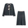 Women's Retro Dark Grey Knit Two-Piece Set Featuring Green Cactus Jacquard Long Sleeve Cardigan With Pom-Pom Ties And Matching Midi A-Line Skirt Autumn Winter Sweater Suit