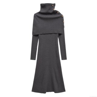 Women's Elegant Knitted Two-Piece Dress Set With High Neck Shawl And Gold Button Decor Slim Fit Ribbed Long Sleeve Autumn Winter Maxi Dress