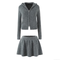 Women's 2-Piece Knit Skirt Set Hooded Dual Zip Cardigan Jacket and Pleated A-line Mini Skirt Solid Grey Autumn Outfits Streetwear Women Clothing