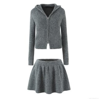 Women's 2-Piece Knit Skirt Set Hooded Dual Zip Cardigan Jacket and Pleated A-line Mini Skirt Solid Grey Autumn Outfits Streetwear Women Clothing