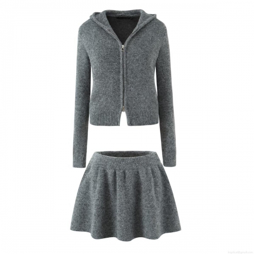 Women's 2-Piece Knit Skirt Set Hooded Dual Zip Cardigan Jacket and Pleated A-line Mini Skirt Solid Grey Autumn Outfits Streetwear Women Clothing