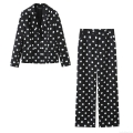 Women's Fashion Contrast Color Polka Dot Blazer and Pants Two Piece Set Long Sleeve Notch Lapel Suit Streetwear Outerwear Trouser Outfit