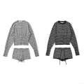 Women's Casual Striped Knitted Two Piece Set Long Sleeve Button Up Cardigan And Drawstring Shorts Knitwear Loungewear Suit For Autumn Streetwear