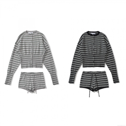 Women's Casual Striped Knitted Two Piece Set Long Sleeve Button Up Cardigan And Drawstring Shorts Knitwear Loungewear Suit For Autumn Streetwear