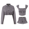 Women Vintage Plaid 3-Piece Set Polyester Long Sleeve Polo Jacket Square Neck Crop Top And Lace Hem Mini Skirt Streetwear Casual Autumn Outfits