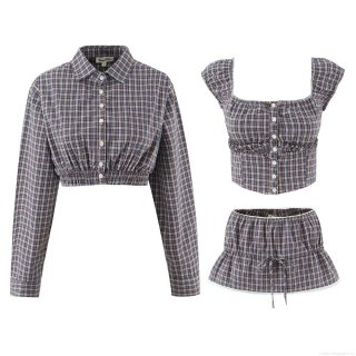 Women Vintage Plaid 3-Piece Set Polyester Long Sleeve Polo Jacket Square Neck Crop Top And Lace Hem Mini Skirt Streetwear Casual Autumn Outfits