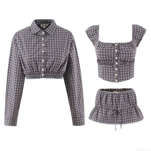 Women Vintage Plaid 3-Piece Set Polyester Long Sleeve Polo Jacket Square Neck Crop Top And Lace Hem Mini Skirt Streetwear Casual Autumn Outfits
