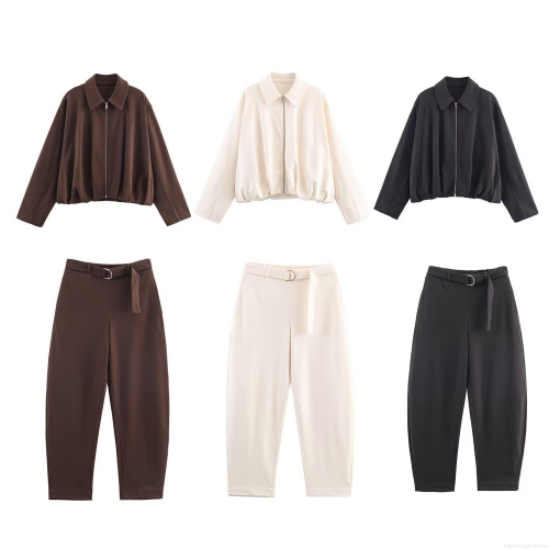 Women's 2 Piece Knit Outfit Sets Full Zip Bomber Jacket and High Waist Pants with Belt Autumn Winter Casual Streetwear Ladies Solid Color Co-ord Set