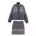 Women Retro Fair Isle Knit Skirt Set Vintage Horse Snowflake Jacquard High Neck Cardigan and Mini Skirt Two Piece Winter Warm Knitted Outfit