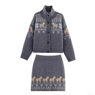 Women Retro Fair Isle Knit Skirt Set Vintage Horse Snowflake Jacquard High Neck Cardigan and Mini Skirt Two Piece Winter Warm Knitted Outfit
