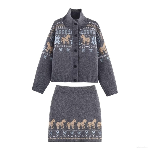Women Retro Fair Isle Knit Skirt Set Vintage Horse Snowflake Jacquard High Neck Cardigan and Mini Skirt Two Piece Winter Warm Knitted Outfit