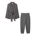 Women's 2-Piece Suit Set Elegant Dark Grey Polyester Padded Shoulder Blazer With Belt And High Waist Tapered Trousers For Office Lady Street Style Professional Outfit
