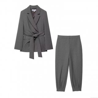 Women's 2-Piece Suit Set Elegant Dark Grey Polyester Padded Shoulder Blazer With Belt And High Waist Tapered Trousers For Office Lady Street Style Professional Outfit