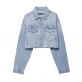 Women's Light Blue Denim Set Rhinestone Studded Distressed Jean Jacket And High Waist Straight Leg Pants Two Piece Outfit For Casual Streetwear
