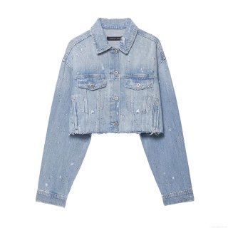 Women's Light Blue Denim Set Rhinestone Studded Distressed Jean Jacket And High Waist Straight Leg Pants Two Piece Outfit For Casual Streetwear