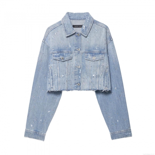 Women's Light Blue Denim Set Rhinestone Studded Distressed Jean Jacket And High Waist Straight Leg Pants Two Piece Outfit For Casual Streetwear