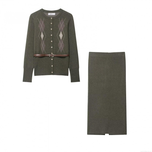 Women's Autumn Argyle Knit Set Long Sleeve Button Up Cardigan With Brown Belt And Slit Knit Midi Skirt Two Piece Outfits Casual European Streetwear Outfits