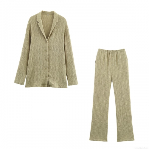 Women's Casual Pleated Pants Set Two Piece Outfits Solid Color Long Sleeve Button Down Shirt And Straight Leg Trousers For Autumn Streetwear