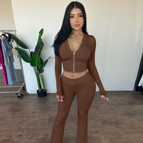 Women's Winter Hooded Zip-Up Top And Flare Pants Set 2 Piece Ribbed Solid Color Slim Fit Tracksuit Streetwear Outfits Polyester Spandex