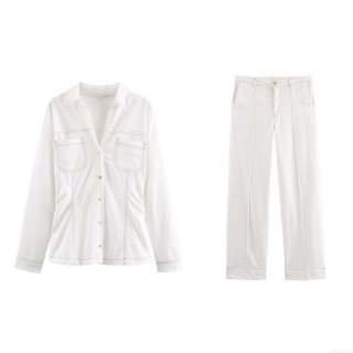 Women's Casual White Contrast Stitching Denim Style Two Piece Set Button Down Shirt Jacket and High Waist Straight Leg Pants Suit Streetwear