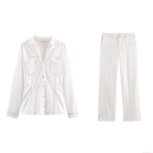 Women's Casual White Contrast Stitching Denim Style Two Piece Set Button Down Shirt Jacket and High Waist Straight Leg Pants Suit Streetwear