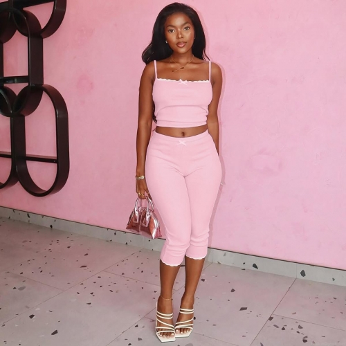 Women's Ribbed Knit Two-Piece Set Sexy Lace Trim Cami Top and Slim Fit Capri Pants Suit Y2K Streetwear Summer Loungewear For Women