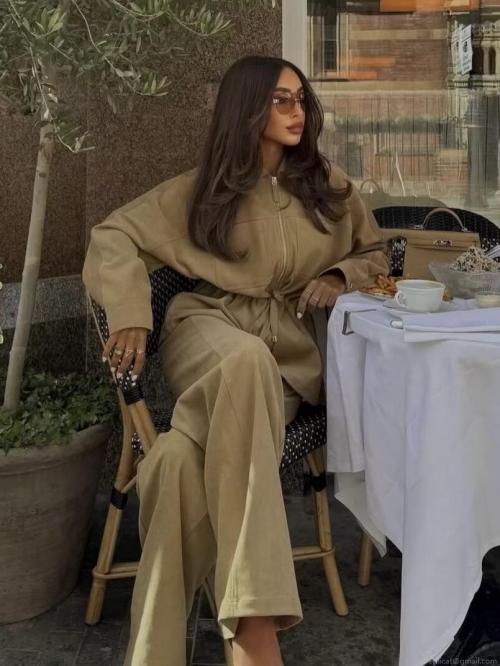 Women's Two Piece Pants Set 100% Polyester Woven Zipper Up Drawstring Waist Jacket Wide Leg Trousers Utility Cargo Style Autumn Winter Casual Streetwear Ladies Workwear Outfit